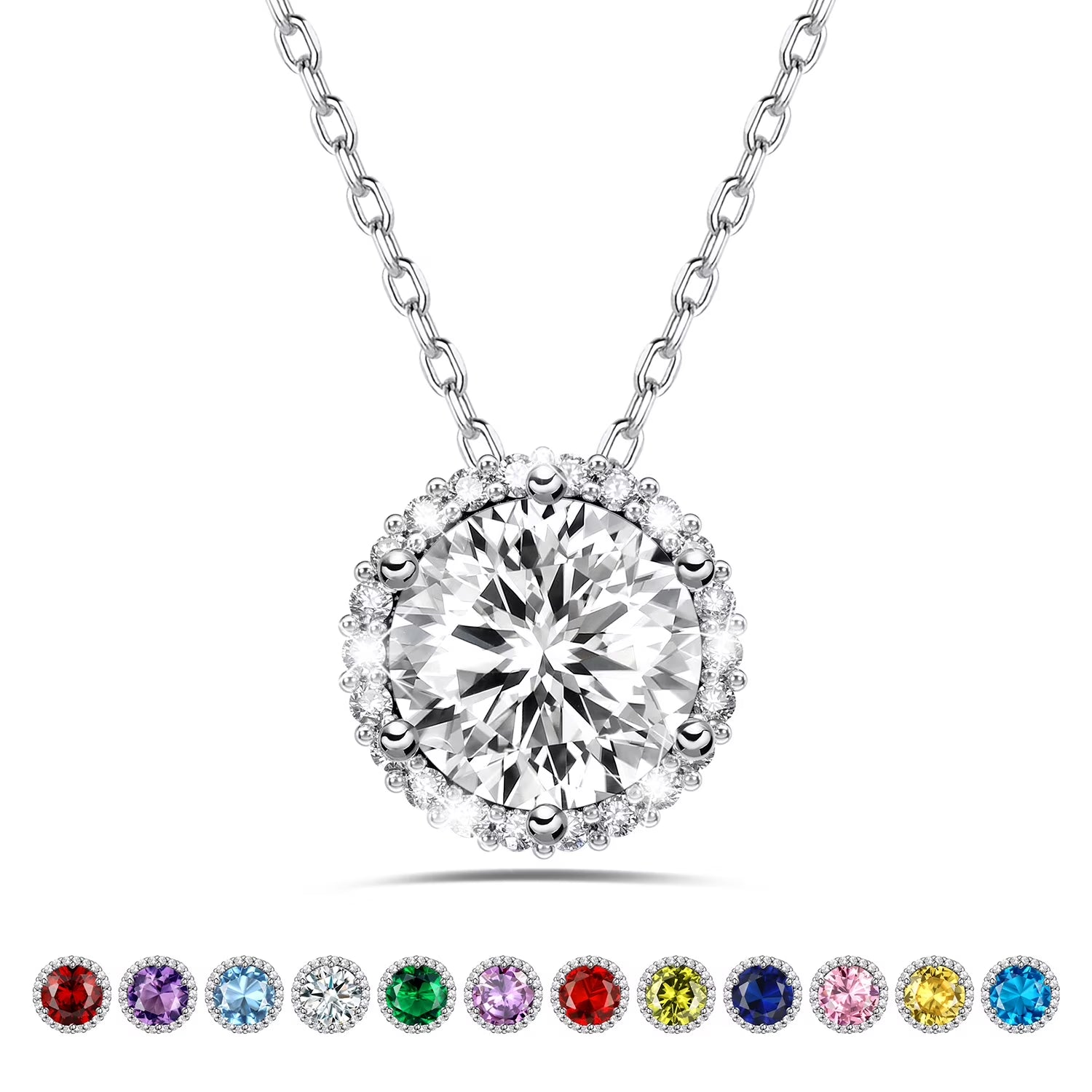 Birthstone Necklace for Women 925 Sterling Silver Necklaces April round White Diamond Crystal Pendant Gifts for Everyday Wear