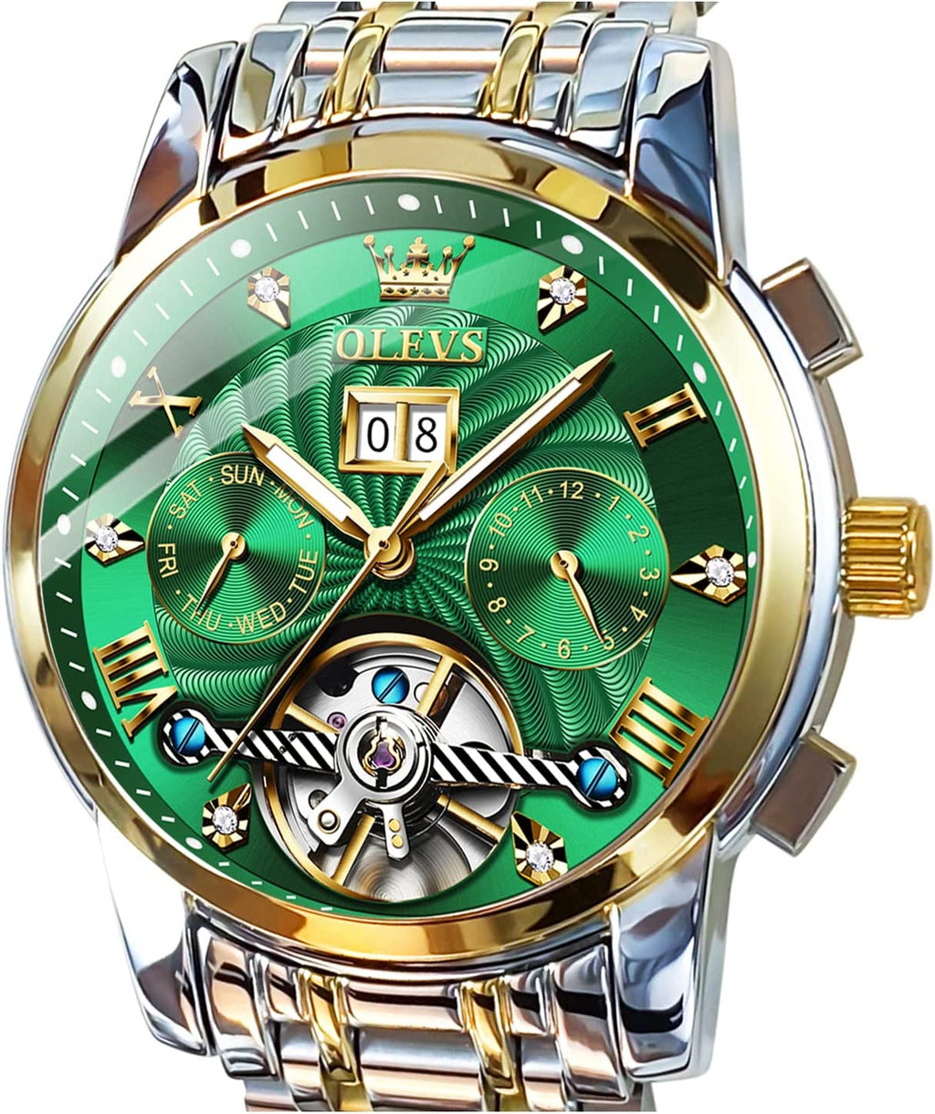 Men'S Green Automatic Watches Tourbillon Mechanical Luxury Dress Multi Calendar Stainless Steel Waterproof Luminous Wrist Watches, (BAO-O-G9910GJ-LV)