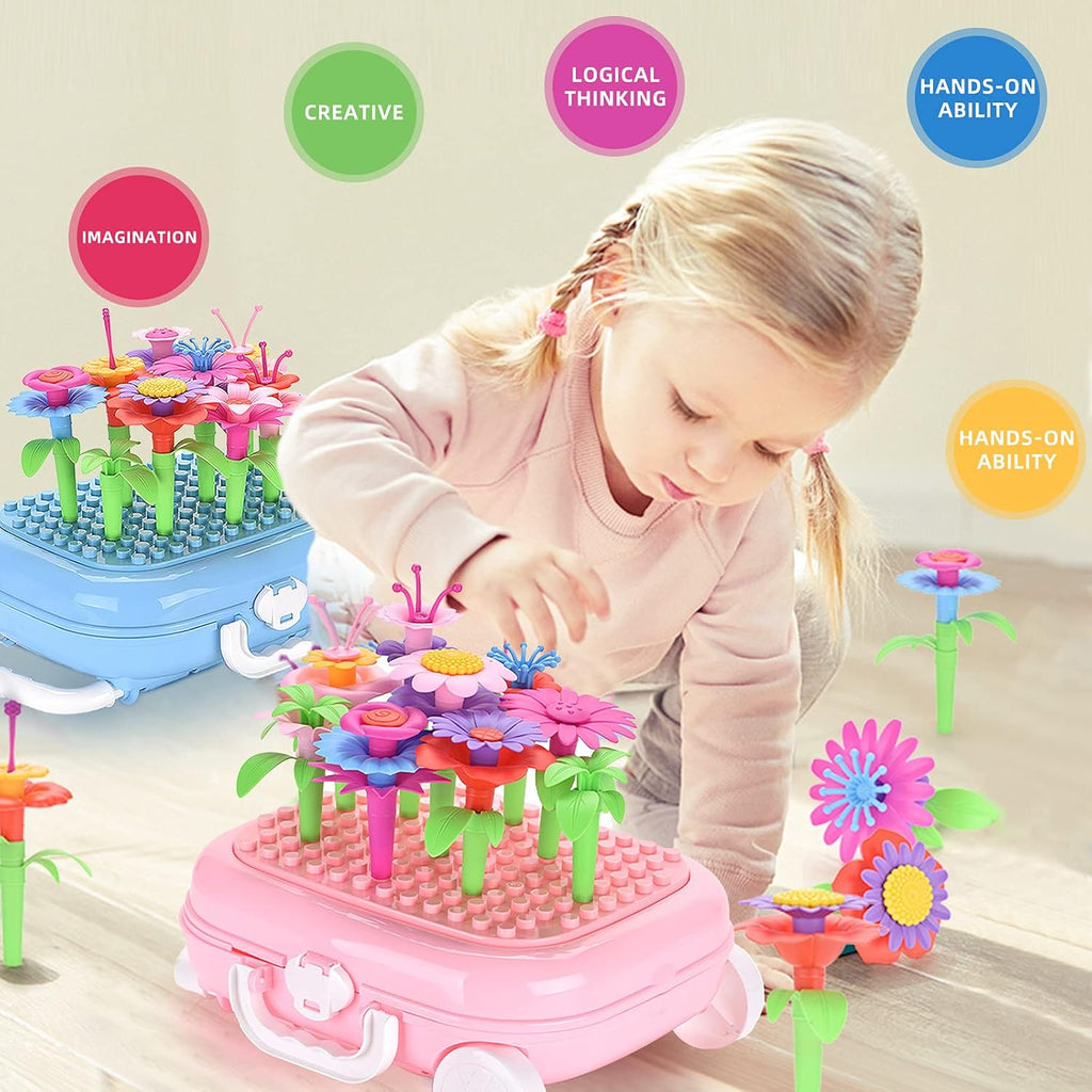 Toys for Girls, Flower Garden Building Toys with Trolley Case Toys for Age 3-6 Years Old Girls