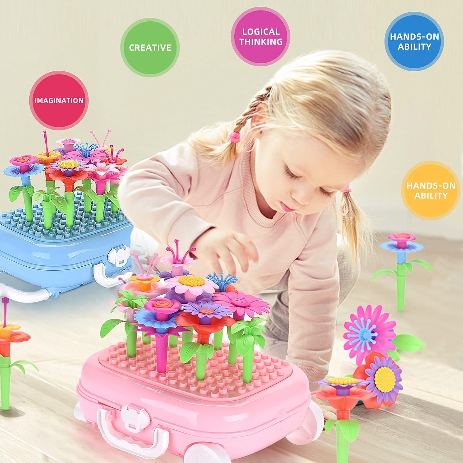 Toys for Girls, Flower Garden Building Toys with Trolley Case Toys for Age 3-6 Years Old Girls