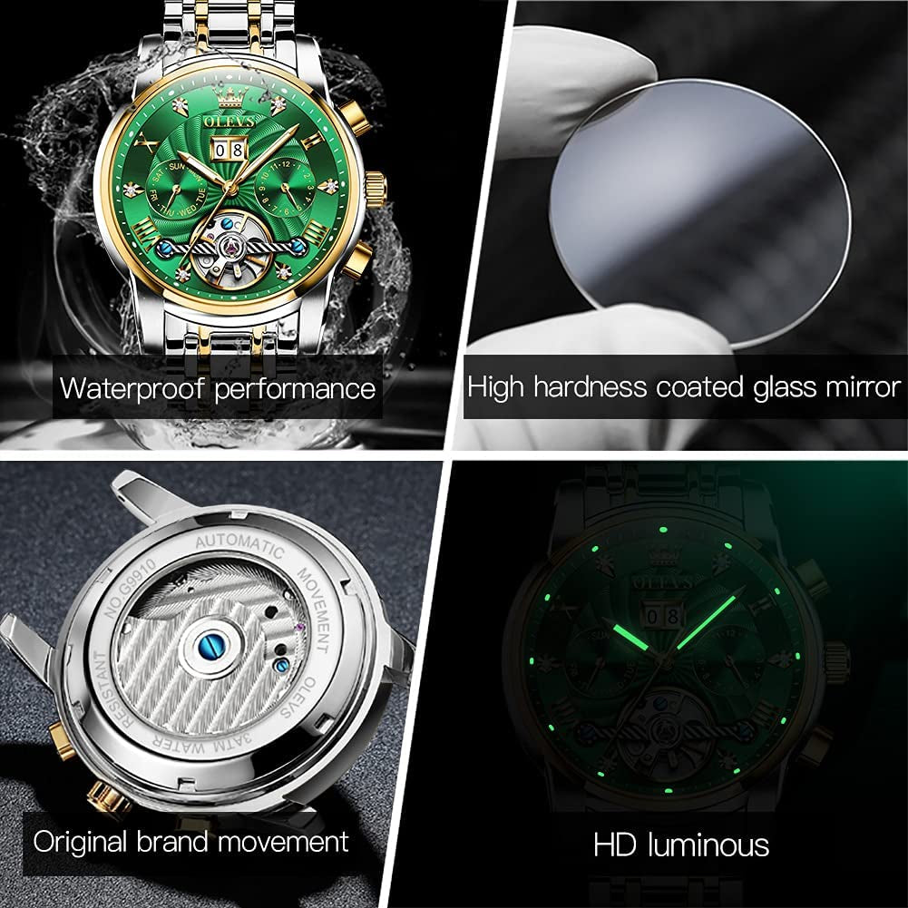 Men'S Green Automatic Watches Tourbillon Mechanical Luxury Dress Multi Calendar Stainless Steel Waterproof Luminous Wrist Watches, (BAO-O-G9910GJ-LV)