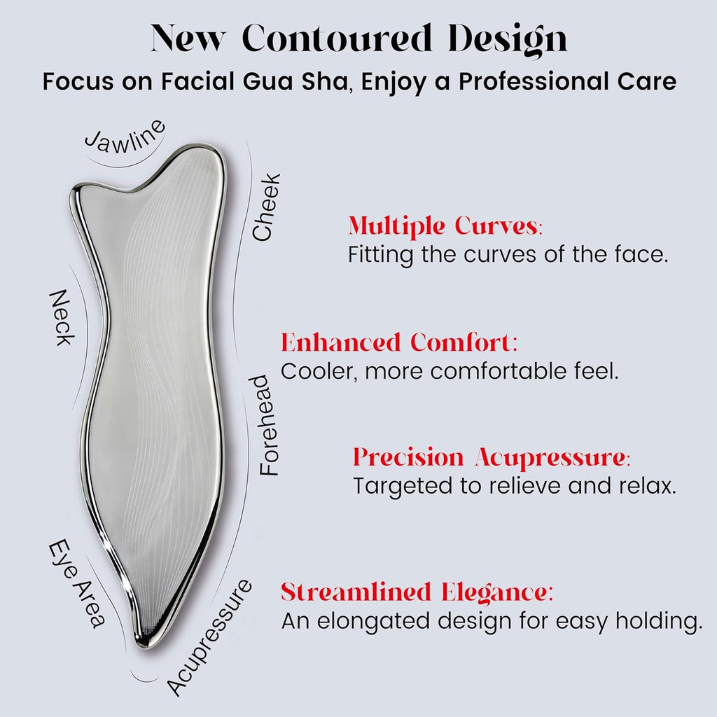 Stainless Steel Gua Sha Facial Tools - Acupressure & Gua Sha for Face Massage, Jawline Sculpting, Puffiness Reduction. Includes Carry Pouch and Cleaning Cloth - Skin Care Gift, Silver