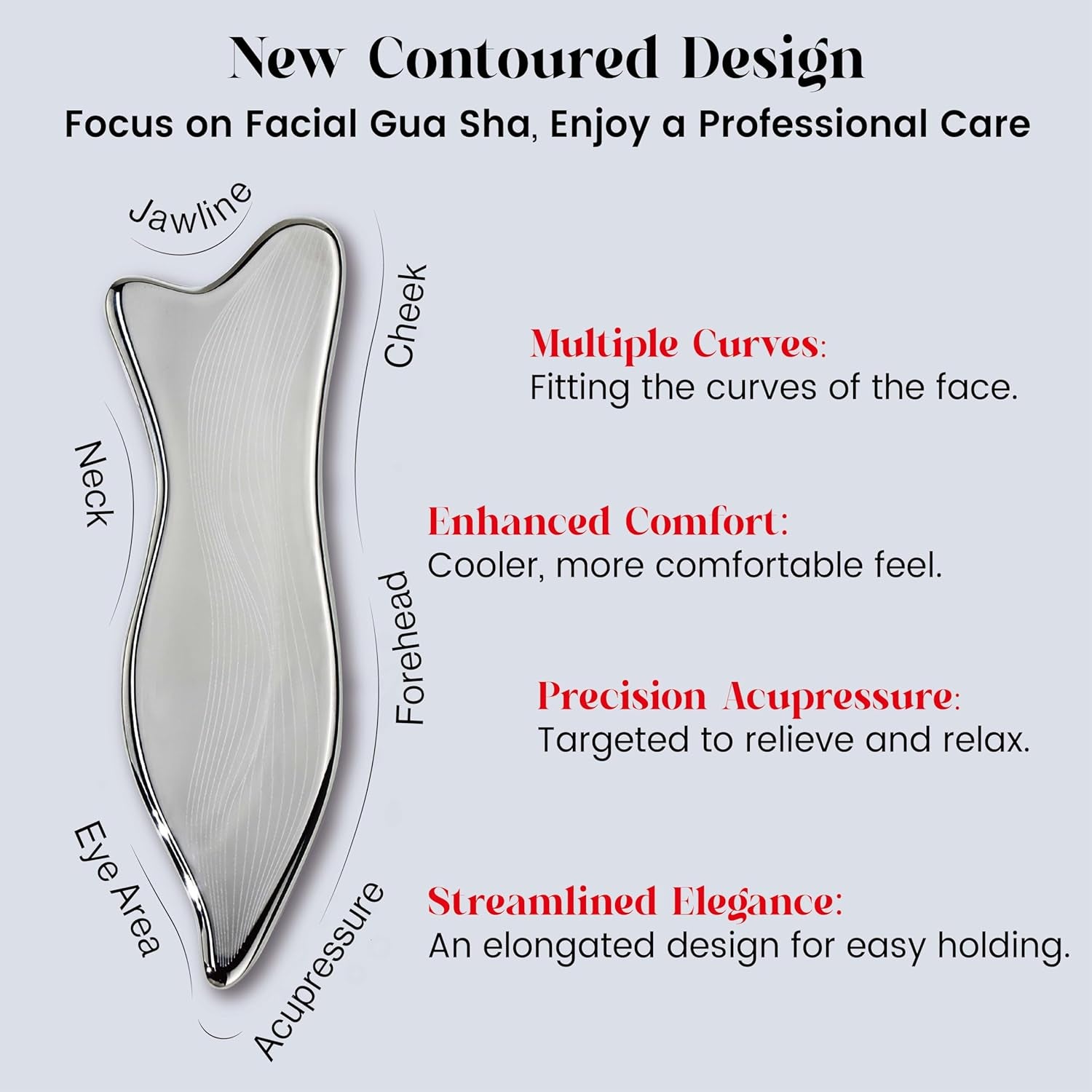 Stainless Steel Gua Sha Facial Tools - Acupressure & Gua Sha for Face Massage, Jawline Sculpting, Puffiness Reduction. Includes Carry Pouch and Cleaning Cloth - Skin Care Gift, Silver
