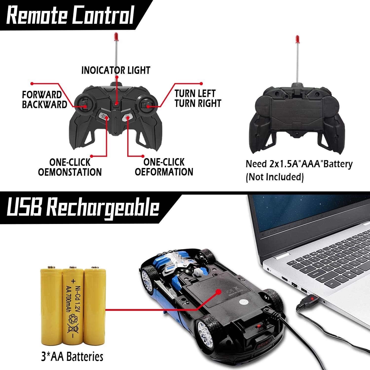 Remote Control Transform Car Robot Toy with Lights Deformation RC Car 2.4Ghz 1:18 Rechargeable 360°Rotating Stunt Race Car Toys for Kids Boy Girl Age 8 9 10 11 Year Old Holiday Toy Birthday Gifts