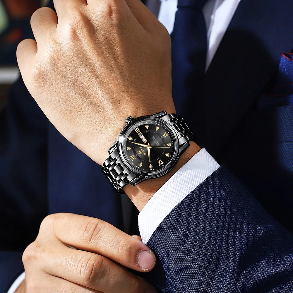 Watches for Men Classic Business Dress Analog Quartz Stainless Steel Waterproof Luminous Date Diamond Mens Wrist Watches Relojes De Hombre,Gold/Blue/Black Dial