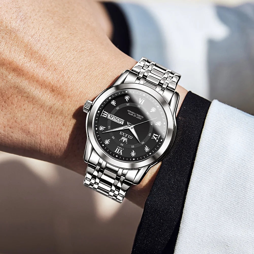 Watches for Men Diamond Business Dress Luxury Casual Analog Quartz Stainless Steel Waterproof Luminous Date Men Wrist Watches Reloj Para Hombre Black Dial