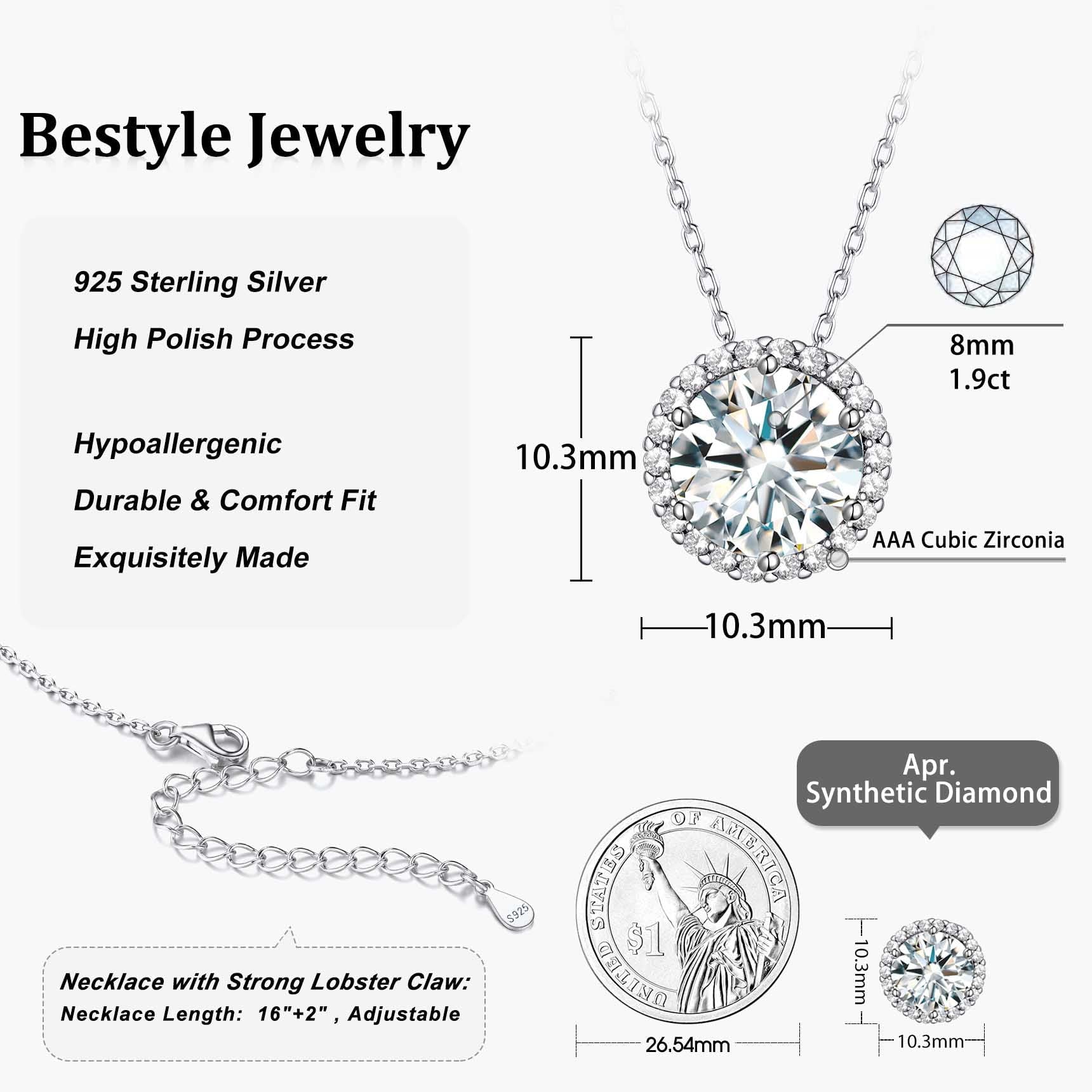 Birthstone Necklace for Women 925 Sterling Silver Necklaces April round White Diamond Crystal Pendant Gifts for Everyday Wear