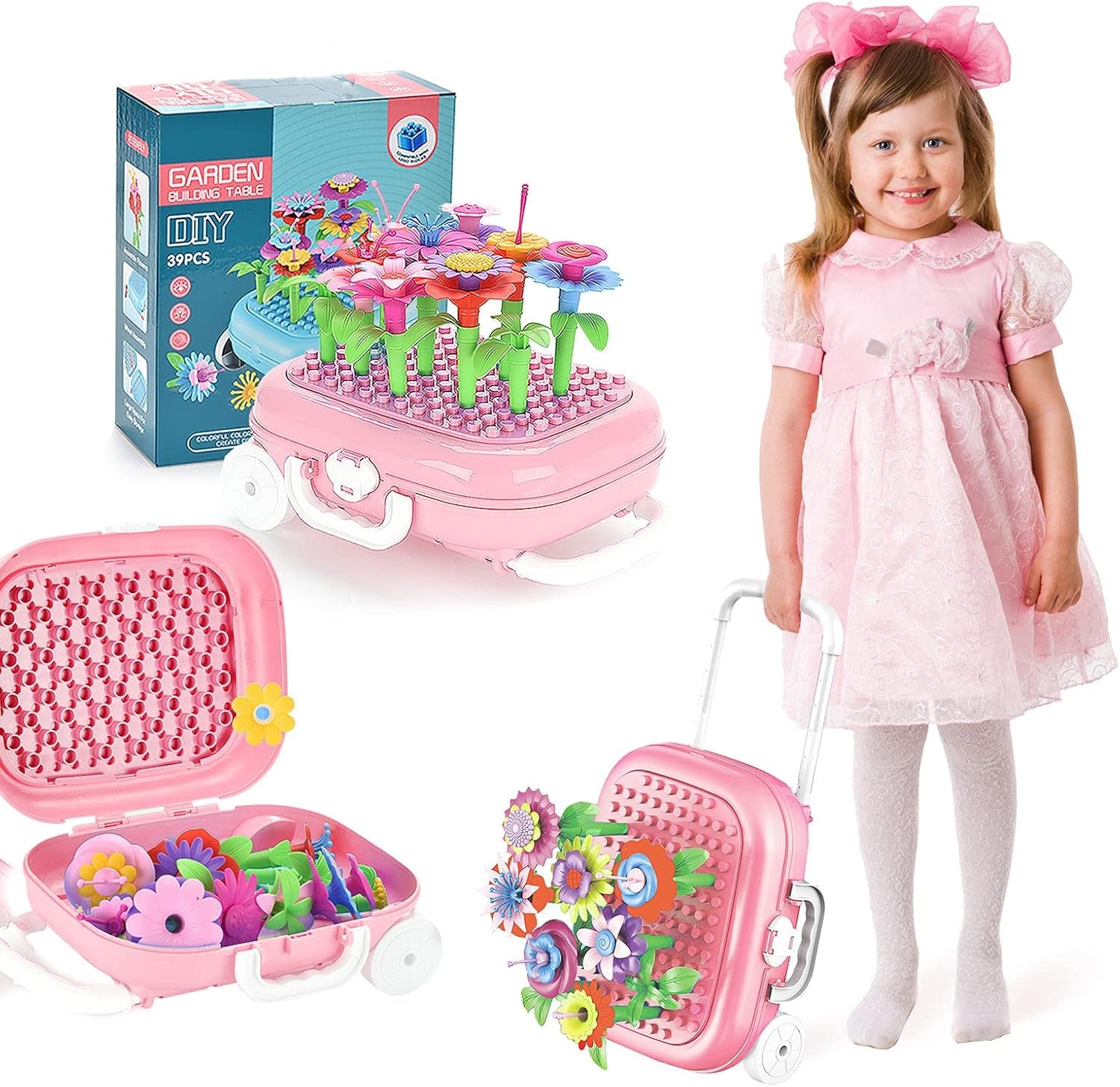 Toys for Girls, Flower Garden Building Toys with Trolley Case Toys for Age 3-6 Years Old Girls