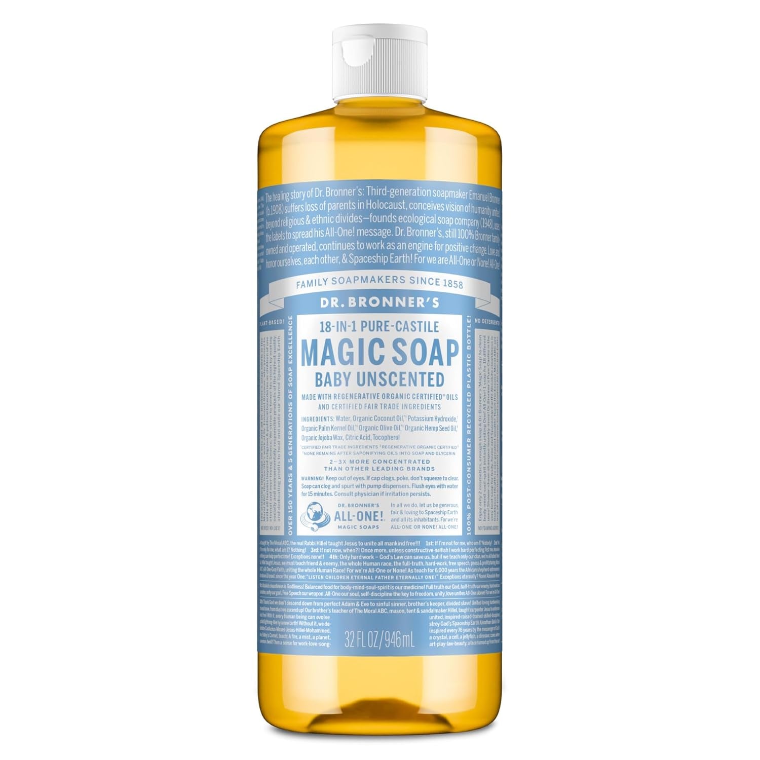 Pure-Castile Magic Liquid Soap - Made with Regenerative Organic Certified Oils - 18-In-1 Uses for Face, Body, Hand Gentle on Baby & Sensitive Skin Body Wash Unscented,32Oz