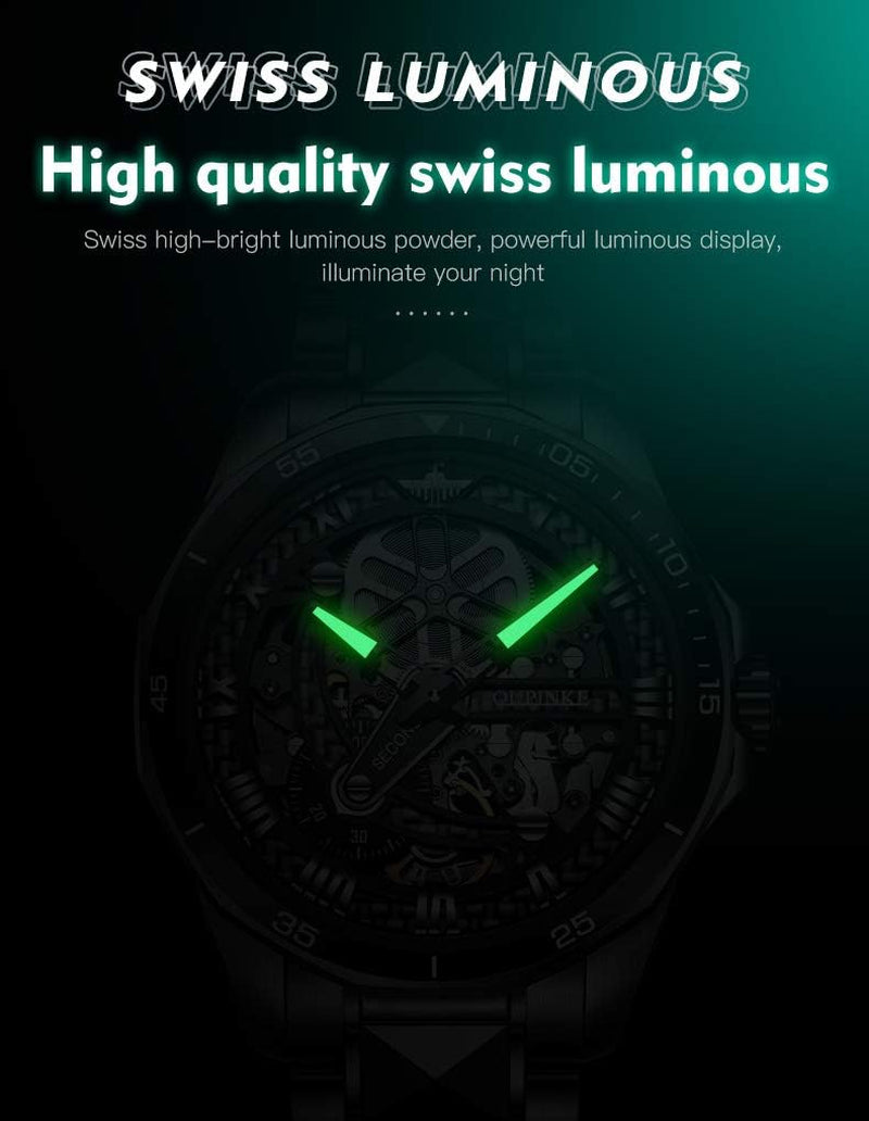Mens Watches Skeleton Mechanical Black Watches for Men Automatic Luxury Tungsten Steel Sapphire Crystal Waterproof Luminous