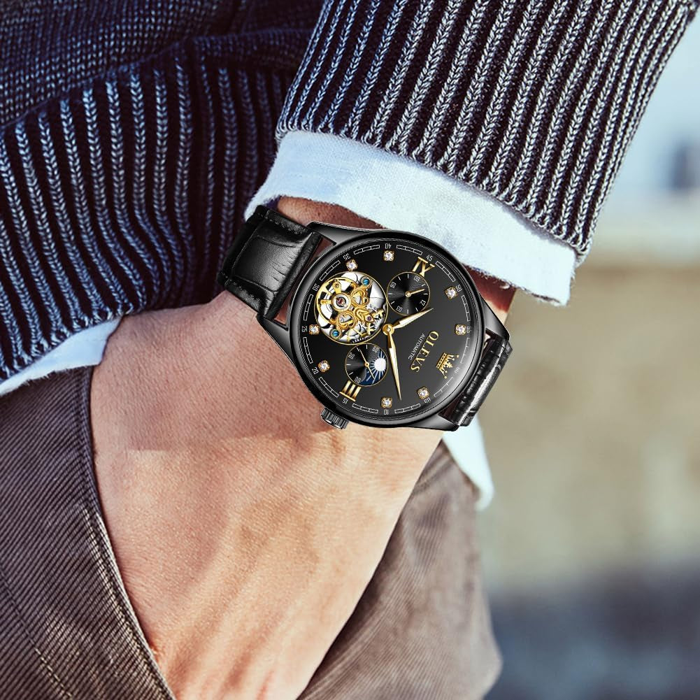 Dress Automatic Watch for Men Luxury Diamond Mechanical Self Winding Black Face Black Leather Strap Waterproof Luminous Men Wrist Watches