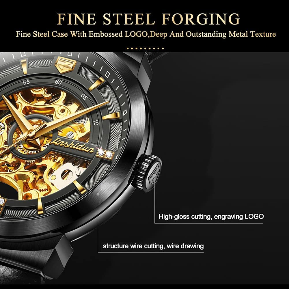 JSDUN Men'S Black Skeleton Leather Watches Automatic Mechanical Luxury Dress Wrist Watches