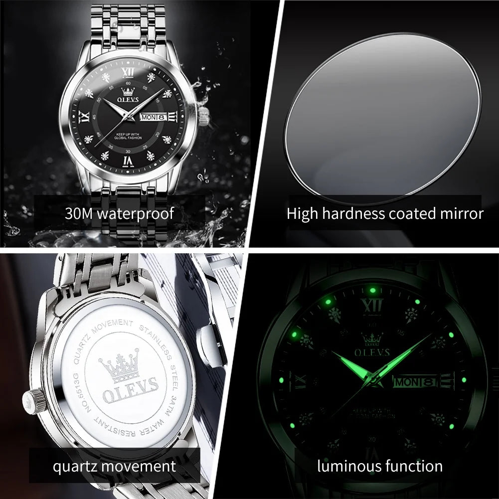 Watches for Men Diamond Business Dress Luxury Casual Analog Quartz Stainless Steel Waterproof Luminous Date Men Wrist Watches Reloj Para Hombre Black Dial