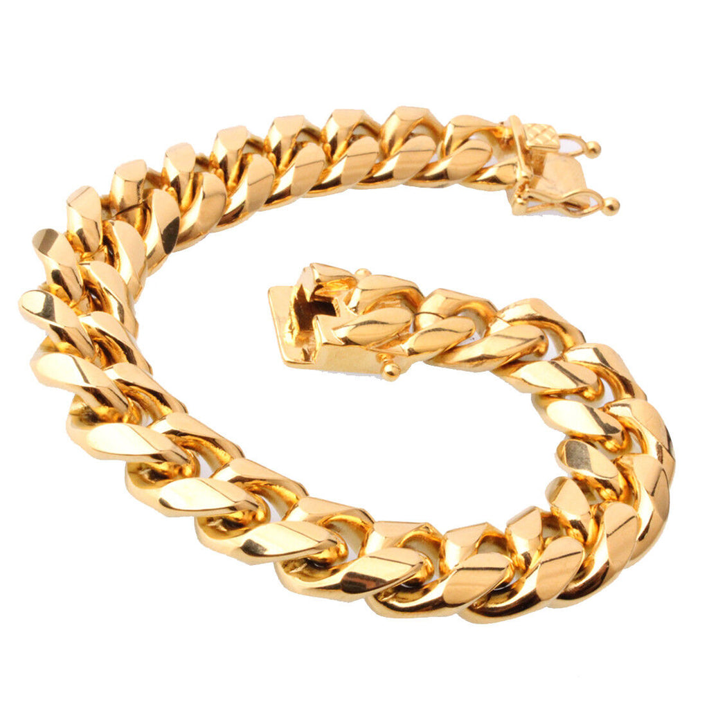 10 Mm24Inmen Cuban Miami Link Bracelet Chain Set 14K Gold Plated Stainless Steel