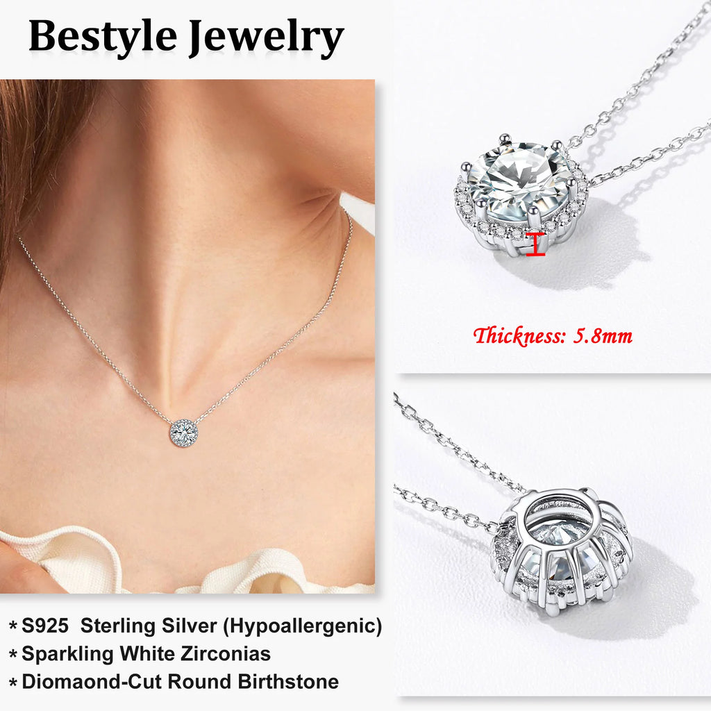 Birthstone Necklace for Women 925 Sterling Silver Necklaces April round White Diamond Crystal Pendant Gifts for Everyday Wear