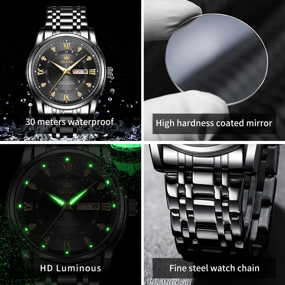 Watches for Men Classic Business Dress Analog Quartz Stainless Steel Waterproof Luminous Date Diamond Mens Wrist Watches Relojes De Hombre,Gold/Blue/Black Dial