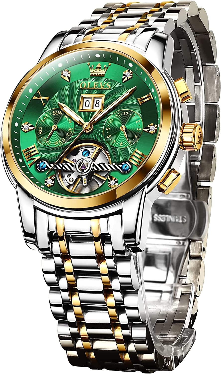 Men'S Green Automatic Watches Tourbillon Mechanical Luxury Dress Multi Calendar Stainless Steel Waterproof Luminous Wrist Watches, (BAO-O-G9910GJ-LV)