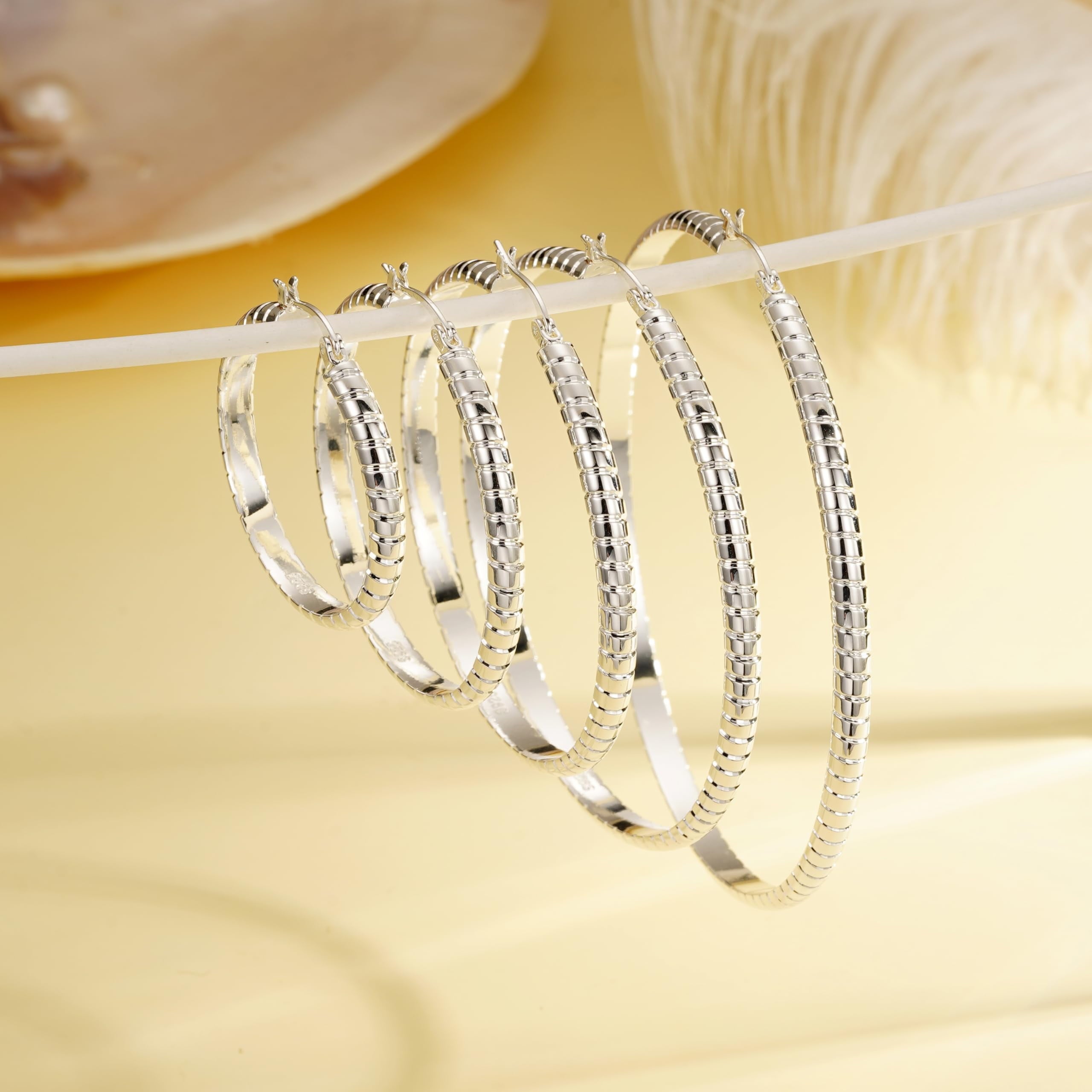 2 Pairs Big Large Extra Chunky White Gold S925 Sterling Silver Hoop Earrings for Women Hypoallergenic 4Mm Thick Silver Hoop Earrings Set 30/40MM Birthday Jewelry Gifts Ideas Mom Wife Girlfriend