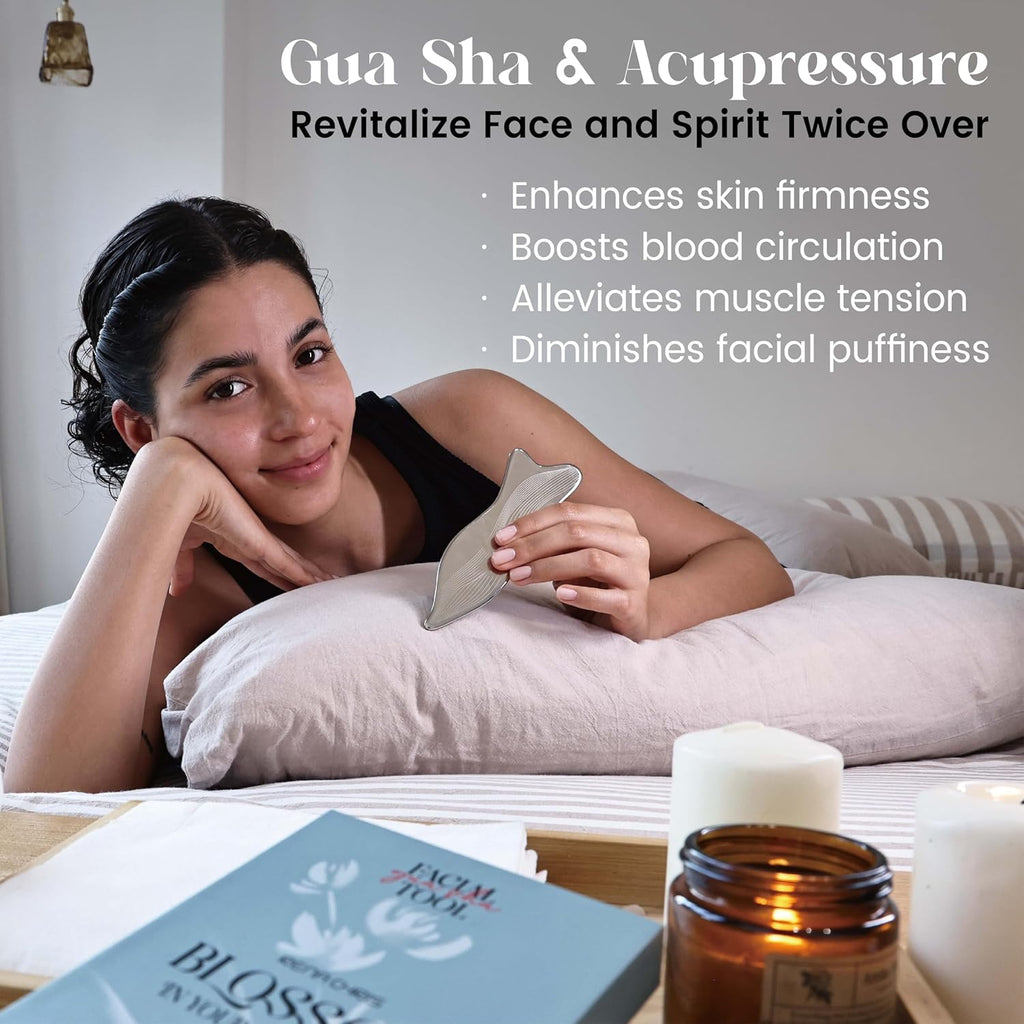 Stainless Steel Gua Sha Facial Tools - Acupressure & Gua Sha for Face Massage, Jawline Sculpting, Puffiness Reduction. Includes Carry Pouch and Cleaning Cloth - Skin Care Gift, Silver