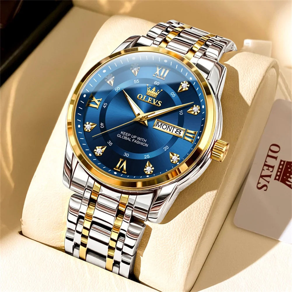Watches for Men Classic Business Dress Analog Quartz Stainless Steel Waterproof Luminous Date Diamond Mens Wrist Watches Relojes De Hombre,Gold/Blue/Black Dial