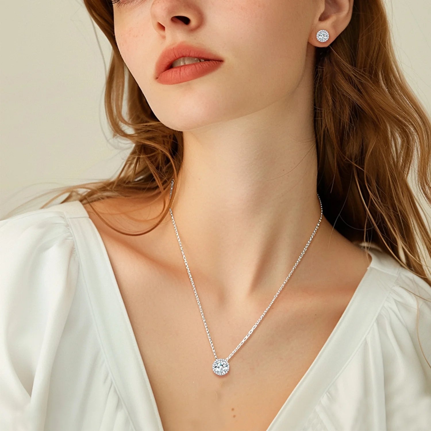 Birthstone Necklace for Women 925 Sterling Silver Necklaces April round White Diamond Crystal Pendant Gifts for Everyday Wear