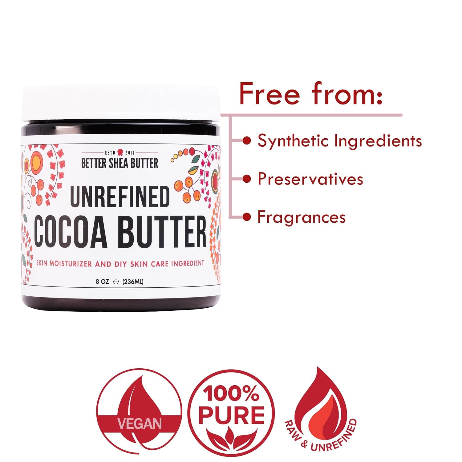 - 100% Pure, Unrefined Cocoa Butter - Deeply Moisturizes Skin, Diminishes Scars, Stretch Marks, Soothes Dry Skin - 8 Oz Jar