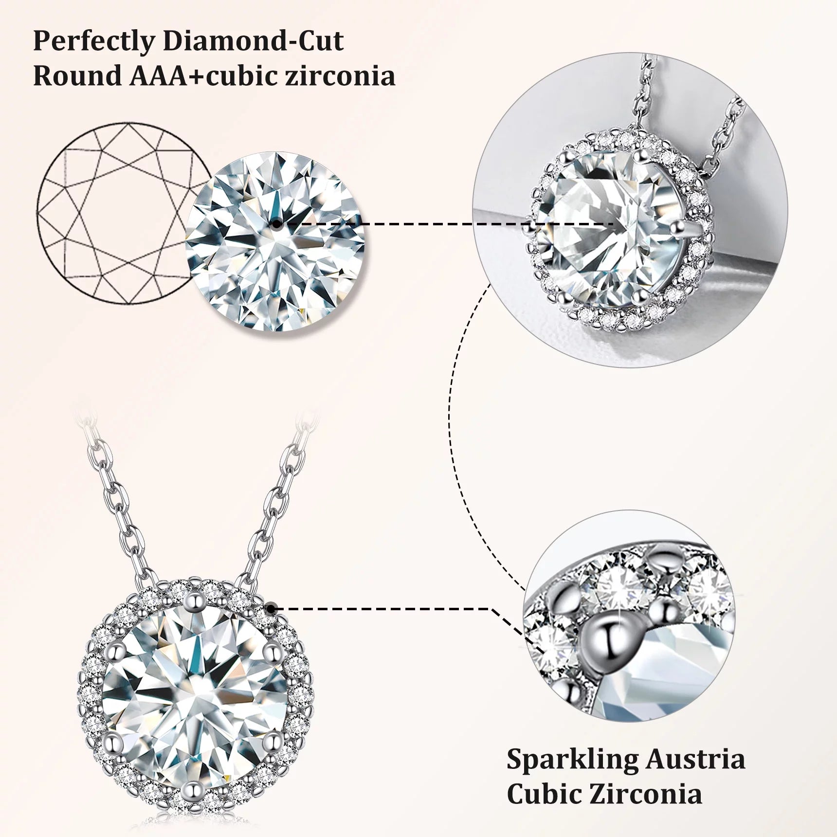 Birthstone Necklace for Women 925 Sterling Silver Necklaces April round White Diamond Crystal Pendant Gifts for Everyday Wear