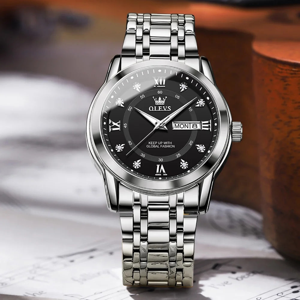 Watches for Men Diamond Business Dress Luxury Casual Analog Quartz Stainless Steel Waterproof Luminous Date Men Wrist Watches Reloj Para Hombre Black Dial