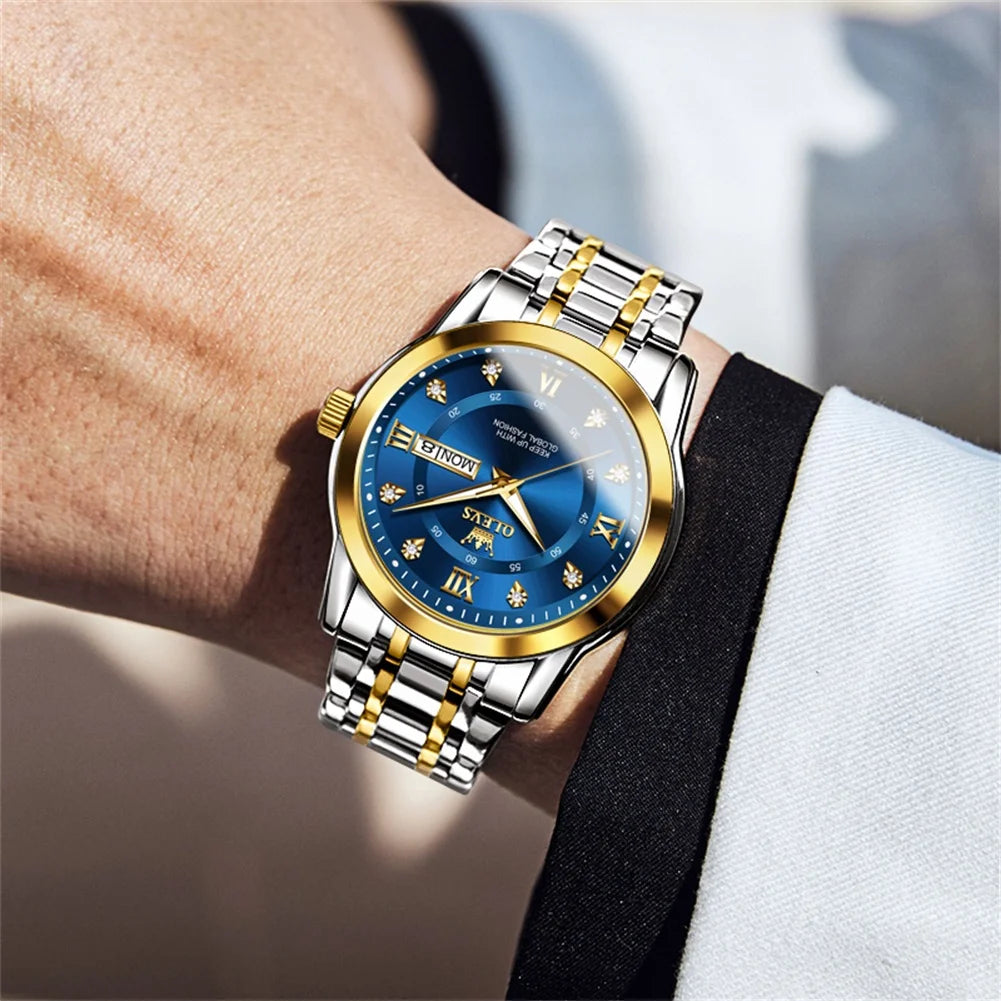 Watches for Men Classic Business Dress Analog Quartz Stainless Steel Waterproof Luminous Date Diamond Mens Wrist Watches Relojes De Hombre,Gold/Blue/Black Dial