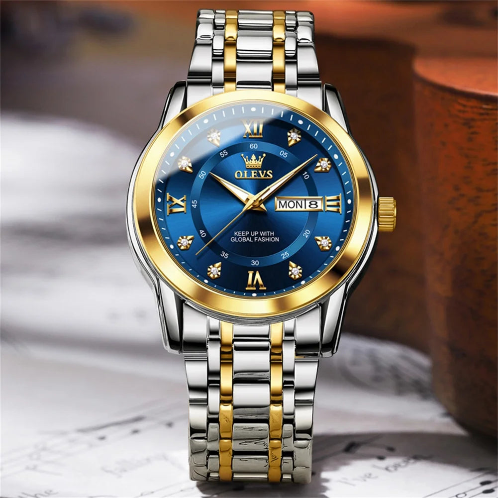Watches for Men Classic Business Dress Analog Quartz Stainless Steel Waterproof Luminous Date Diamond Mens Wrist Watches Relojes De Hombre,Gold/Blue/Black Dial