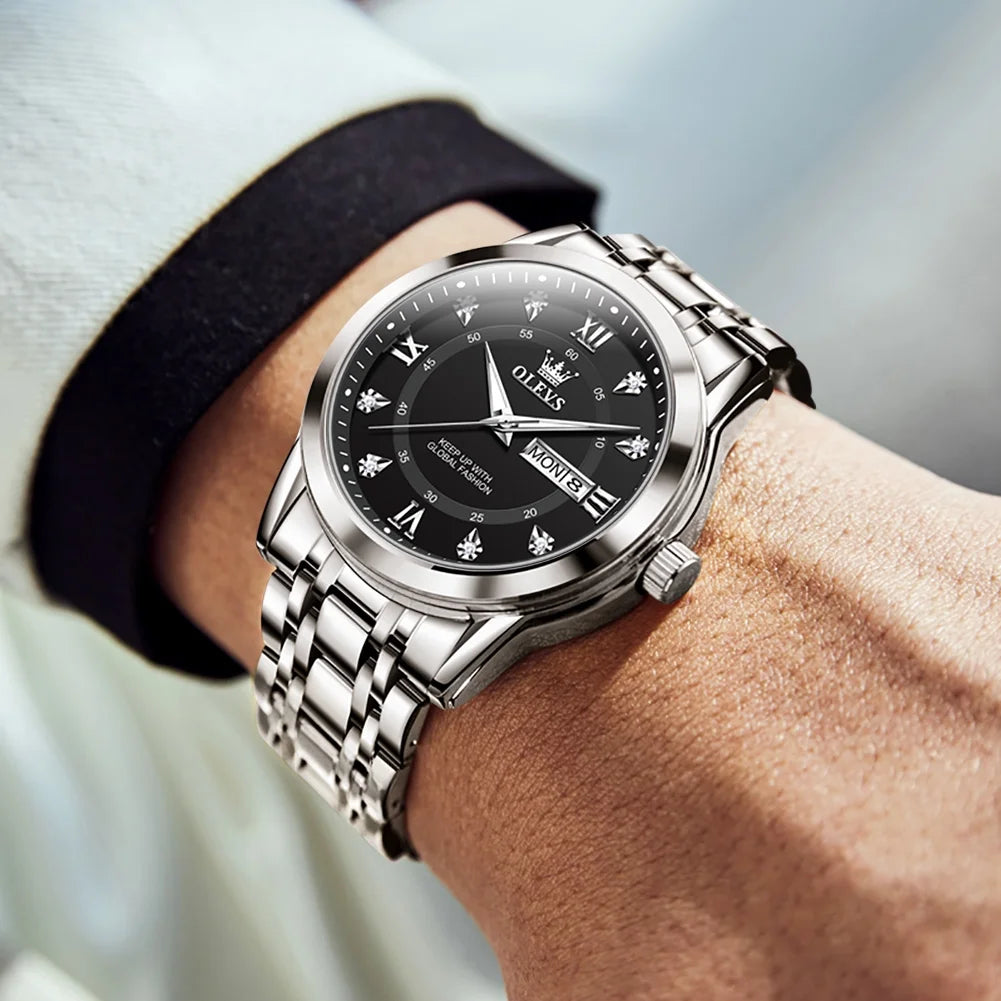 Watches for Men Diamond Business Dress Luxury Casual Analog Quartz Stainless Steel Waterproof Luminous Date Men Wrist Watches Reloj Para Hombre Black Dial