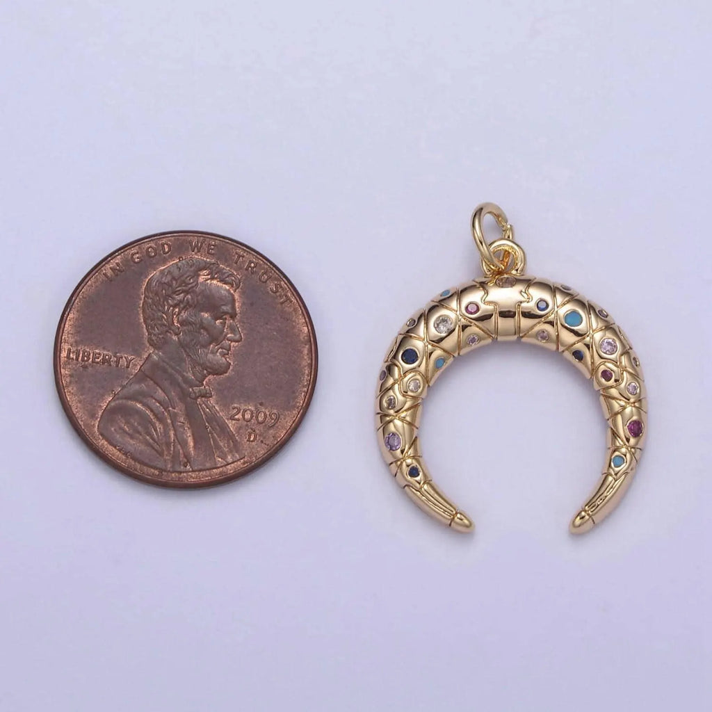Crescent Moon Charm 16K Gold Filled Double Horn Pendant Necklace, Celestial Jewelry, Half Moon Tusk Upside down Tusk with Cz Stone N-356