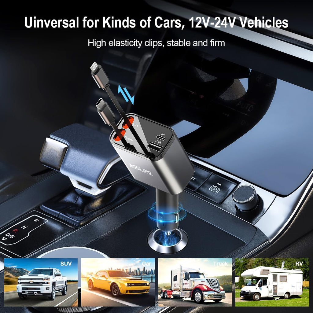 4 in 1 Retractable Car Charger,Smaller Super Fast Charger with Retractable Cords, Car Charger Fast Charging,Usb C Charger Adpater Compatible with Iphone 16 15 14 13 Pro Max,Galaxy,Pixel