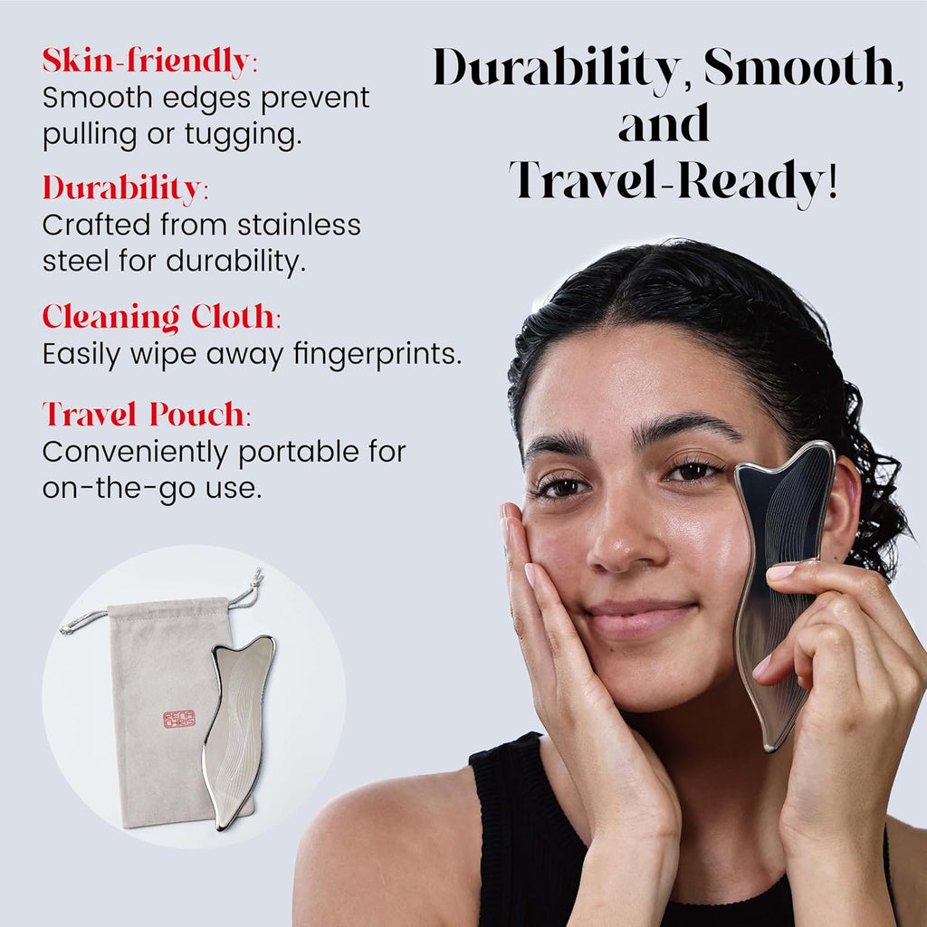 Stainless Steel Gua Sha Facial Tools - Acupressure & Gua Sha for Face Massage, Jawline Sculpting, Puffiness Reduction. Includes Carry Pouch and Cleaning Cloth - Skin Care Gift, Silver