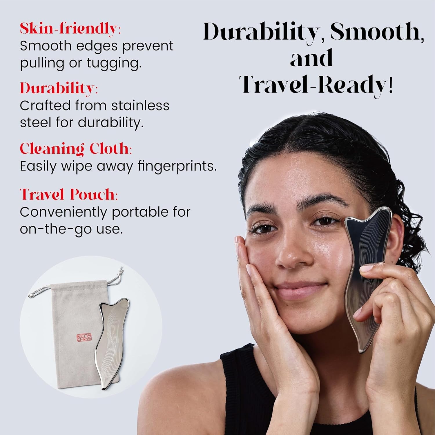Stainless Steel Gua Sha Facial Tools - Acupressure & Gua Sha for Face Massage, Jawline Sculpting, Puffiness Reduction. Includes Carry Pouch and Cleaning Cloth - Skin Care Gift, Silver