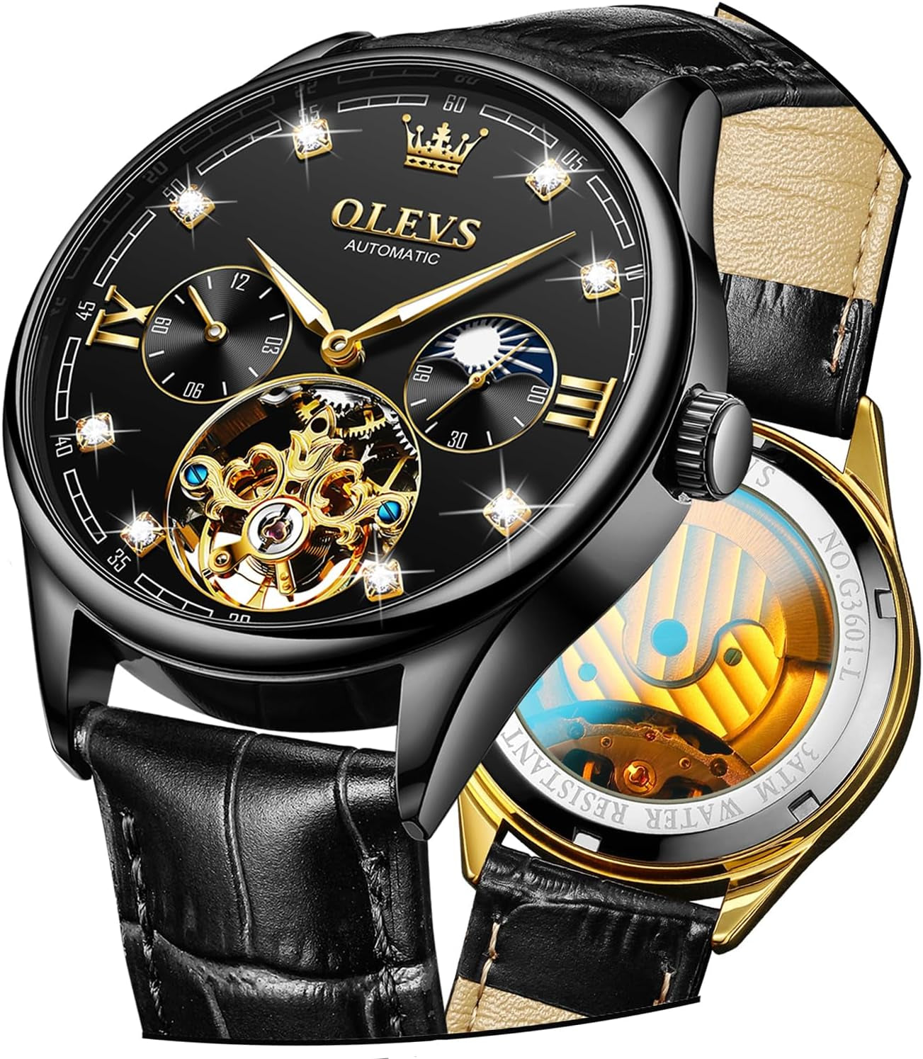 Dress Automatic Watch for Men Luxury Diamond Mechanical Self Winding Black Face Black Leather Strap Waterproof Luminous Men Wrist Watches