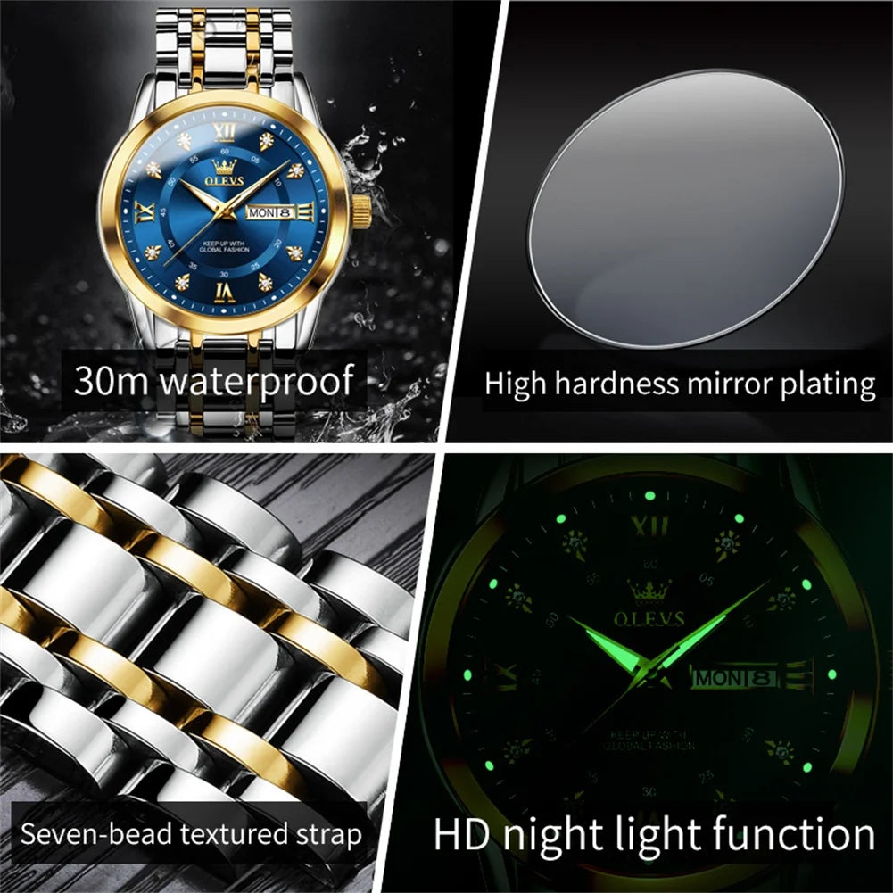 Watches for Men Classic Business Dress Analog Quartz Stainless Steel Waterproof Luminous Date Diamond Mens Wrist Watches Relojes De Hombre,Gold/Blue/Black Dial