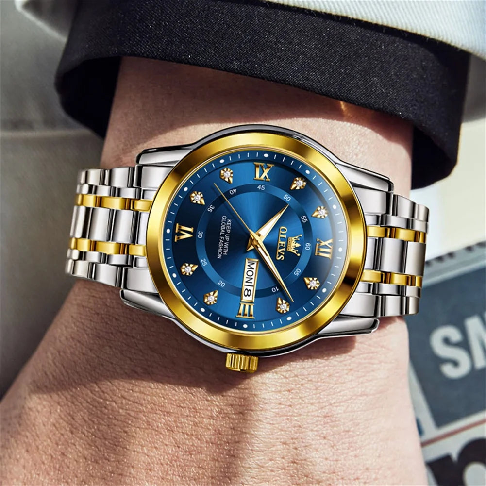 Watches for Men Classic Business Dress Analog Quartz Stainless Steel Waterproof Luminous Date Diamond Mens Wrist Watches Relojes De Hombre,Gold/Blue/Black Dial