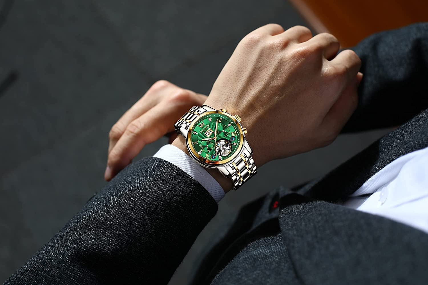Men'S Green Automatic Watches Tourbillon Mechanical Luxury Dress Multi Calendar Stainless Steel Waterproof Luminous Wrist Watches, (BAO-O-G9910GJ-LV)