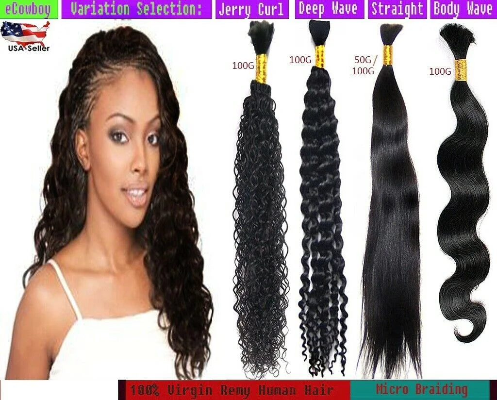 Ustar Bulk Hair for Micro Braiding Hair Weave 100 % Unprocessed Virgin Remy Brazilian Human Hair Bundles 100G Natural Color Weave Hair Jerry Curly Hair 20"