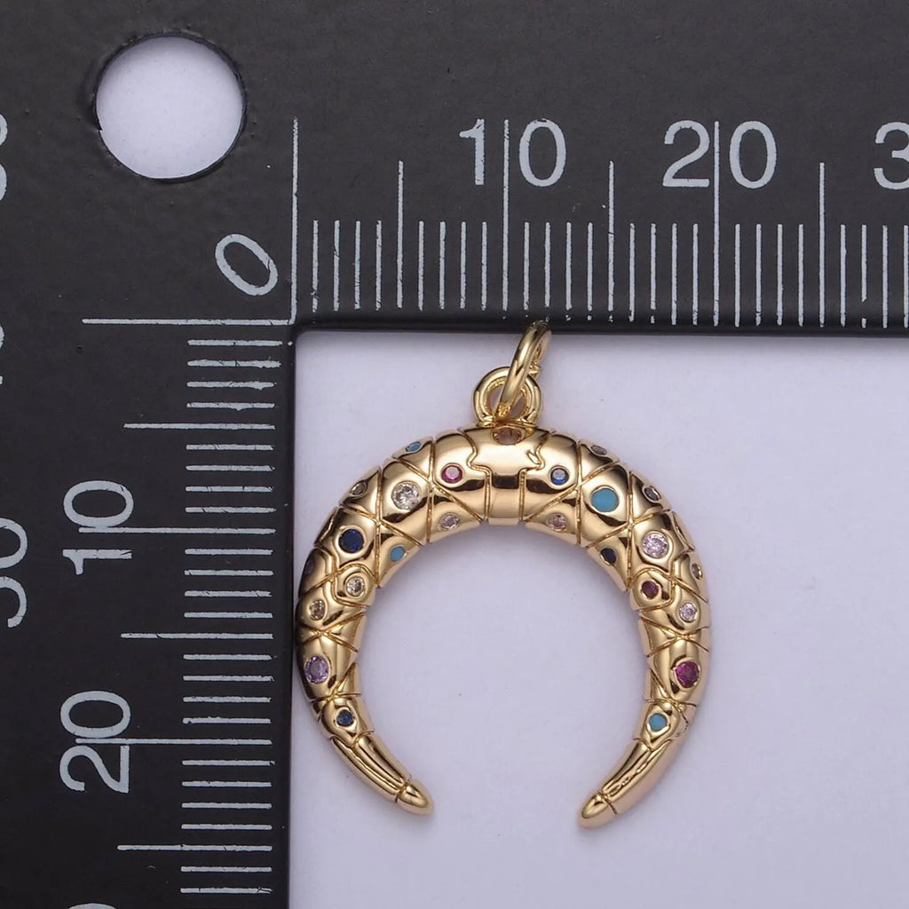 Crescent Moon Charm 16K Gold Filled Double Horn Pendant Necklace, Celestial Jewelry, Half Moon Tusk Upside down Tusk with Cz Stone N-356