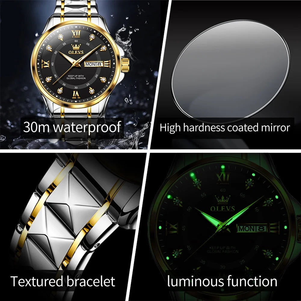 Watches for Men Business Dress Diamond Analog Quartz Date Luxury Classic Casual Stainless Steel Waterproof Luminous Mens Wrist Watches Gifts Reloj Para Hombre Blue/Gold/Black Dial