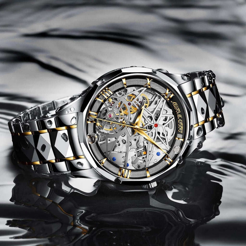 Automatic Mechanical Watches for Men Skeleton Waterproof Silver Stainless Steel Luxury Men'S Watches Self Winding