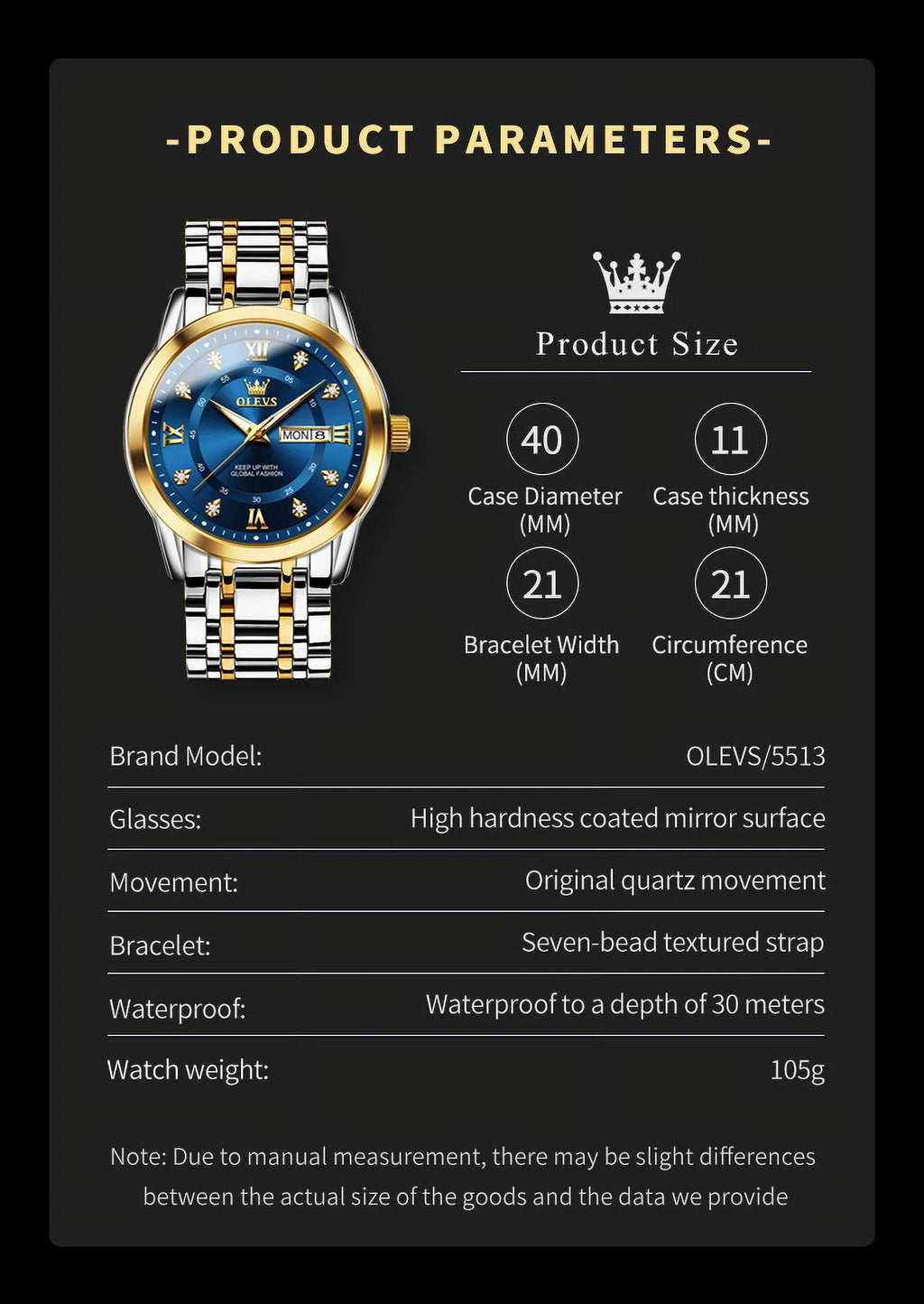 Watches for Men Classic Business Dress Analog Quartz Stainless Steel Waterproof Luminous Date Diamond Mens Wrist Watches Relojes De Hombre,Gold/Blue/Black Dial