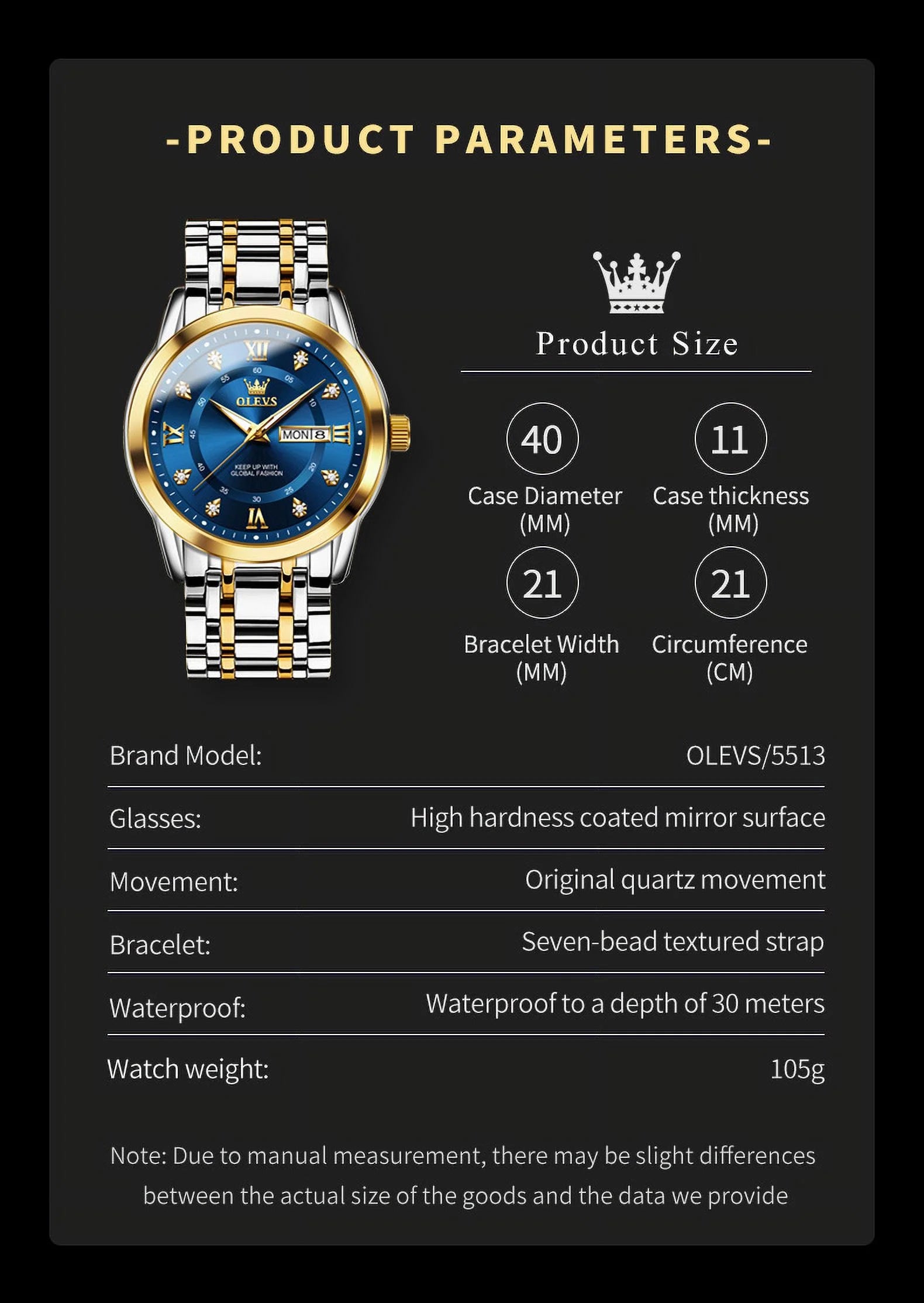 Watches for Men Classic Business Dress Analog Quartz Stainless Steel Waterproof Luminous Date Diamond Mens Wrist Watches Relojes De Hombre,Gold/Blue/Black Dial