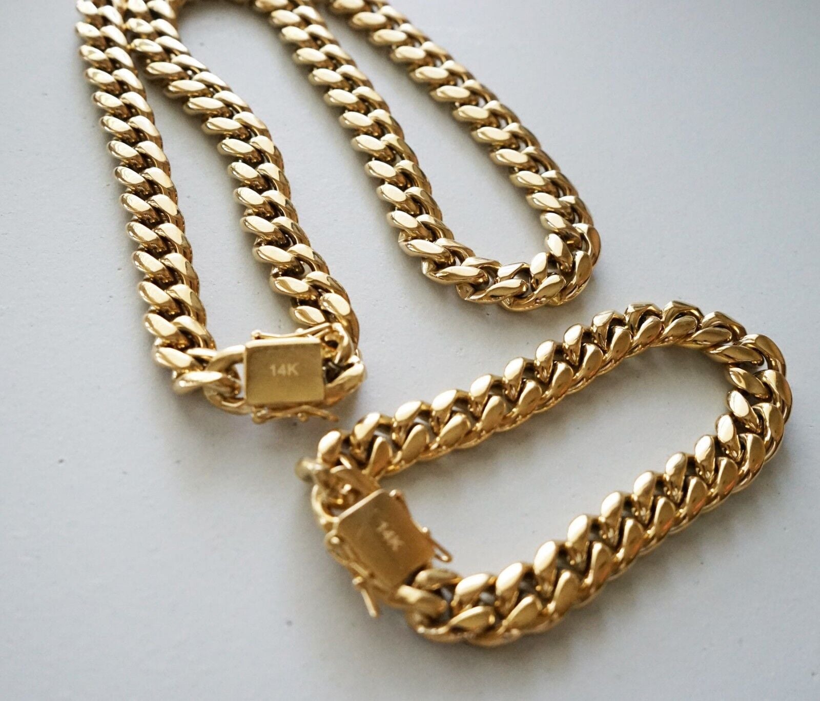 10 Mm24Inmen Cuban Miami Link Bracelet Chain Set 14K Gold Plated Stainless Steel