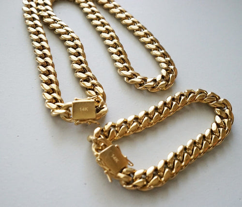 10 Mm24Inmen Cuban Miami Link Bracelet Chain Set 14K Gold Plated Stainless Steel