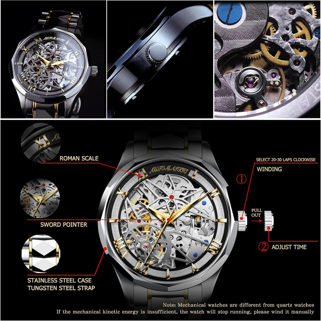 Automatic Mechanical Watches for Men Skeleton Waterproof Silver Stainless Steel Luxury Men'S Watches Self Winding