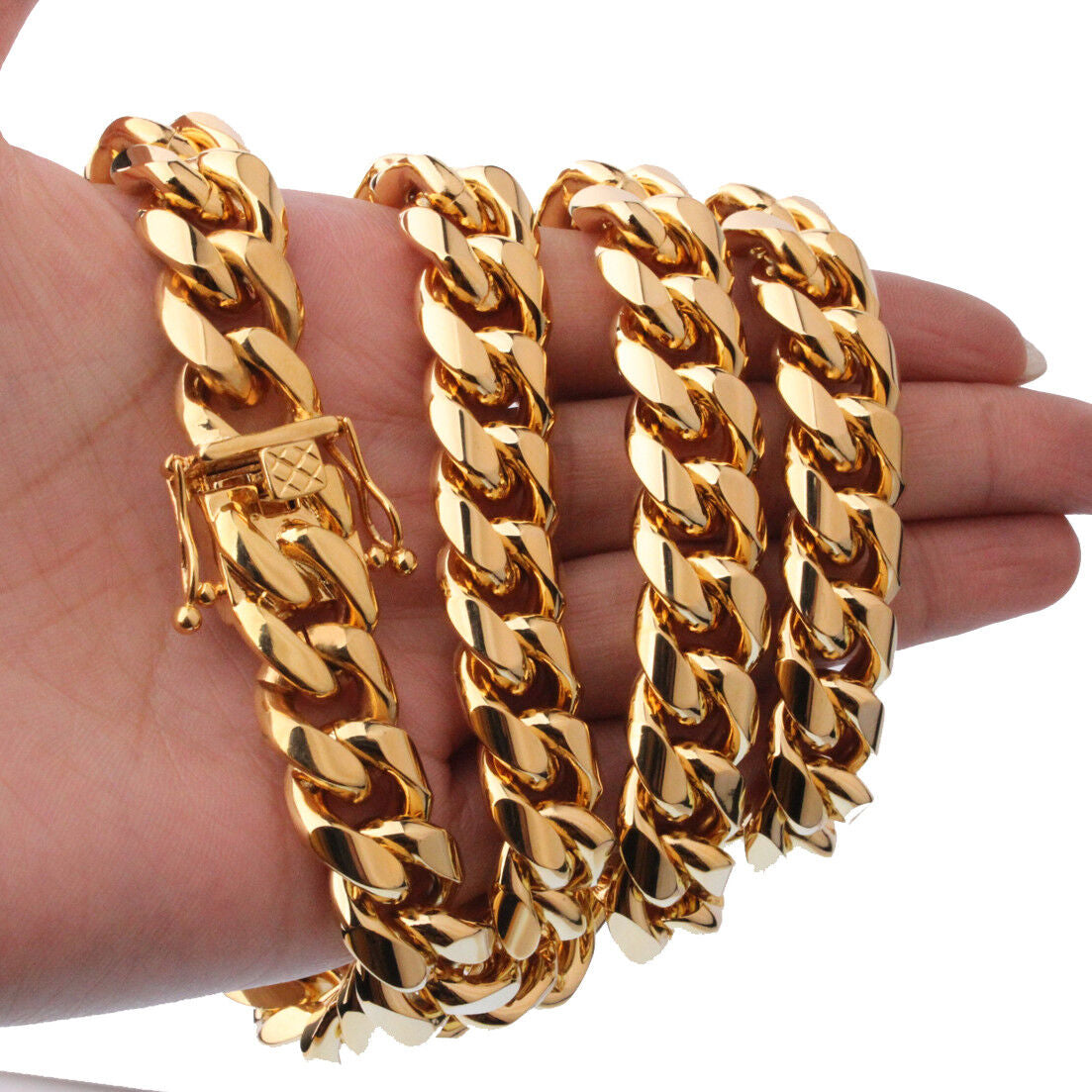 10 Mm24Inmen Cuban Miami Link Bracelet Chain Set 14K Gold Plated Stainless Steel