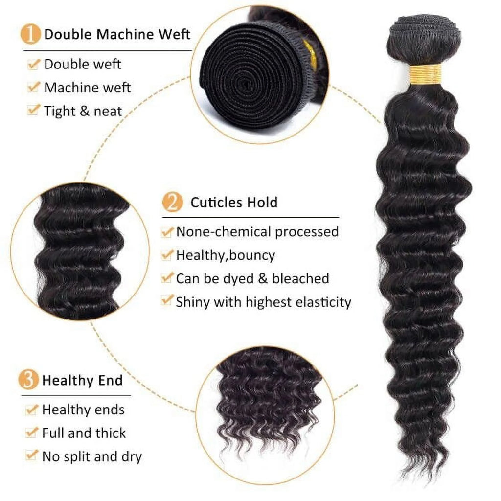 9A Deep Wave Wavy Extensions 100% Human Remy Unprocessed Virgin Hair Natural Black Color 1B - 16,18,18 INCH (3 Bundles)